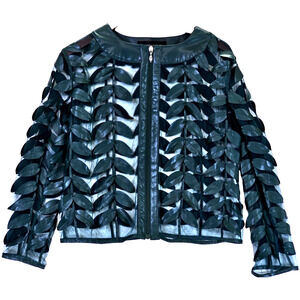 Colleen Lopez Women's Faux Leather Jacket Forest Green Mesh Leaf Small Full Zip